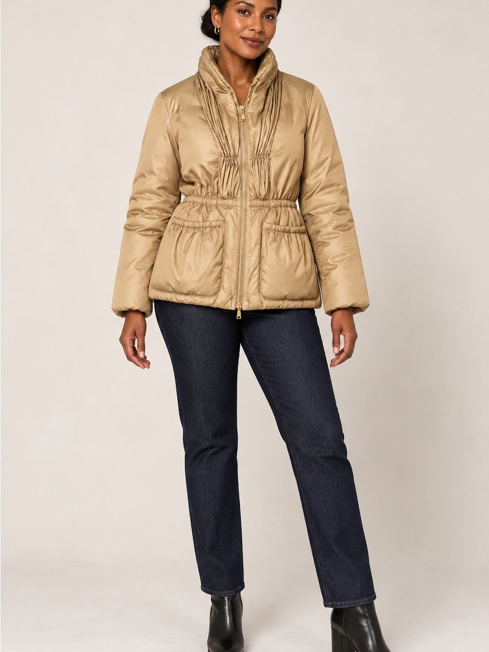 ESCADA Champagne Gold Down Jacket Ruched Collar 36 S